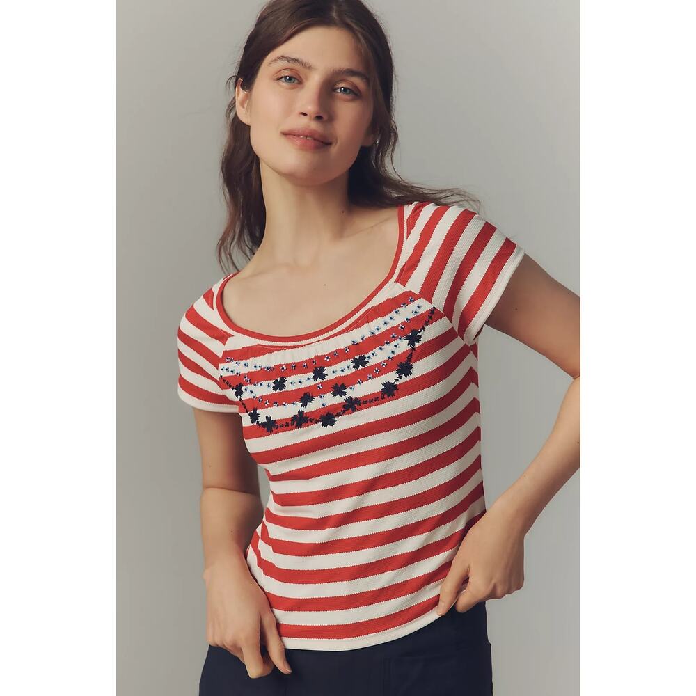 Maeve Anthropologie Embroidered Flowers Scoop Neck Tee NWT